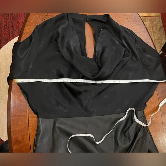 Maeve Anthropologie Black Satin and Vegan Leather Mini Dress. Cowl neck. Size 16 - Picture 12 of 16